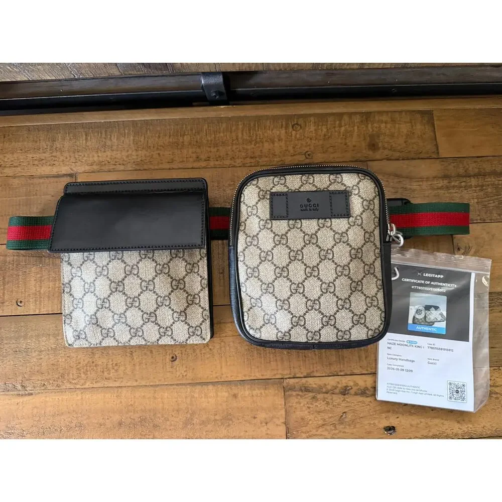 Gucci GG Supreme Double Web Belt Bag Men's Brown Canvas Italy Crossbody W/COA